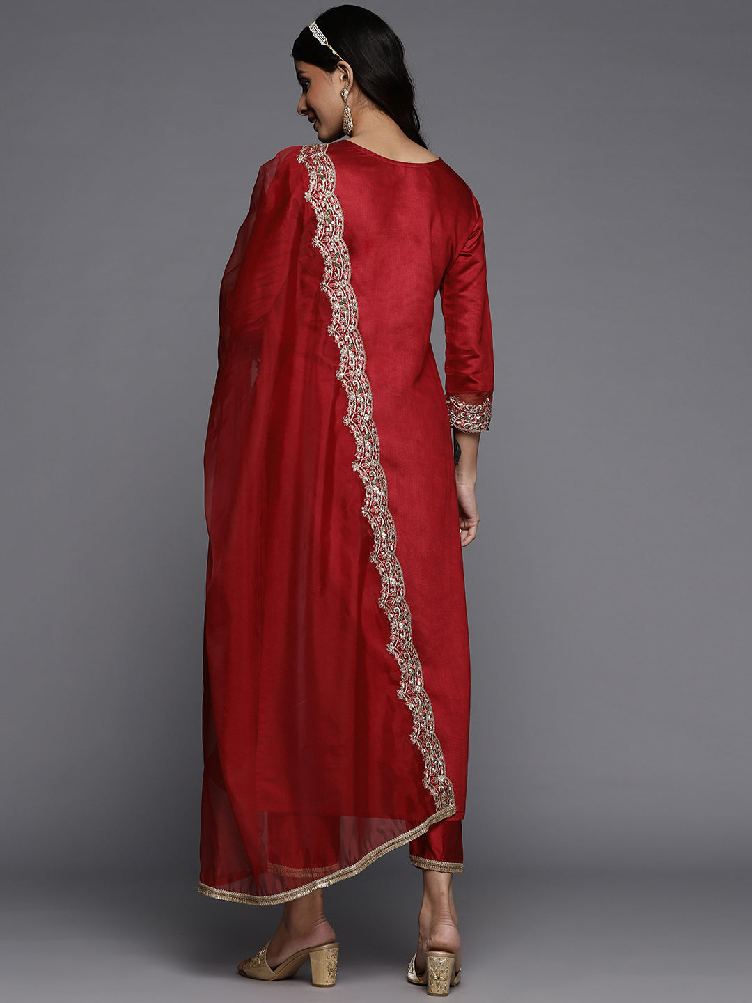 Indo Era Red Embroidered Straight Kurta Palazzos With Dupatta Set - Distacart