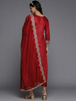 Thumbnail for Indo Era Red Embroidered Straight Kurta Palazzos With Dupatta Set - Distacart