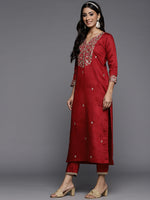 Thumbnail for Indo Era Red Embroidered Straight Kurta Palazzos With Dupatta Set - Distacart