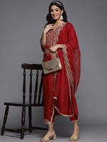 Thumbnail for Indo Era Red Embroidered Straight Kurta Palazzos With Dupatta Set - Distacart