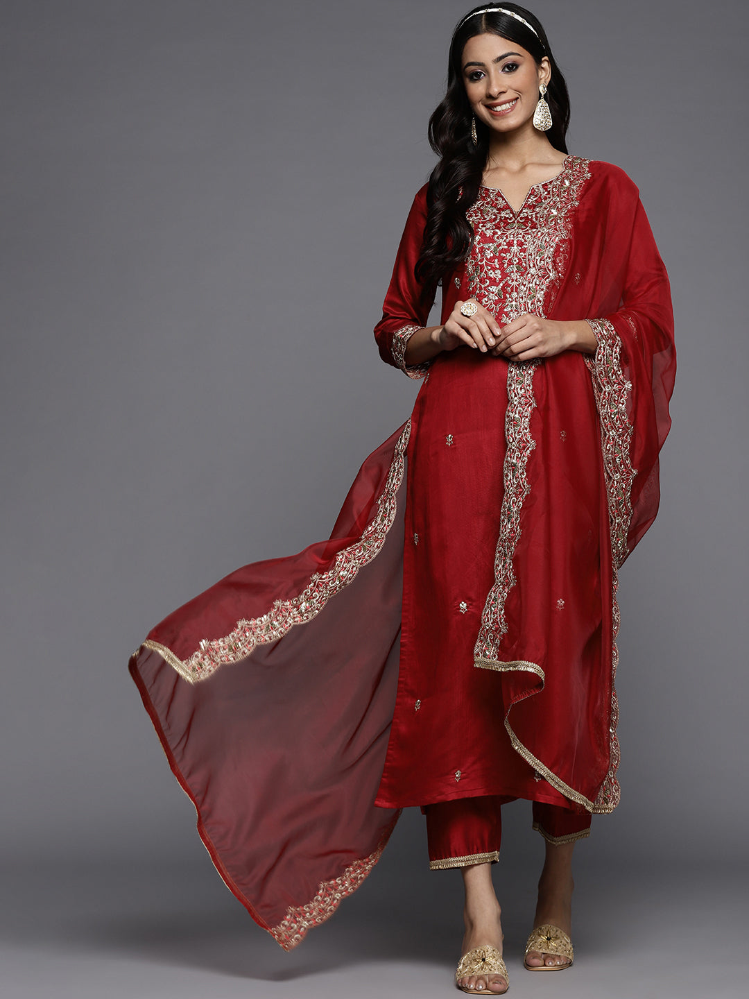Indo Era Red Embroidered Straight Kurta Palazzos With Dupatta Set - Distacart