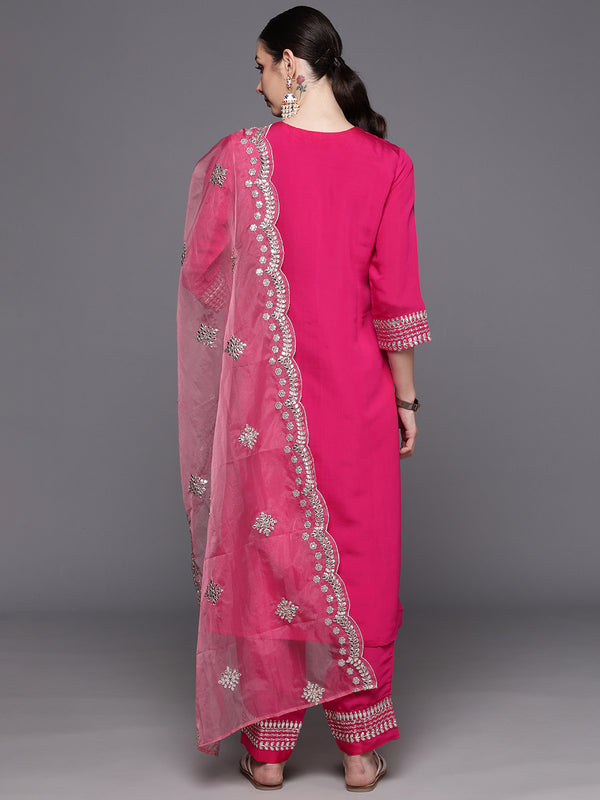 Indo Era Pink Embroidered Straight Kurta Trousers With Dupatta Set - Distacart