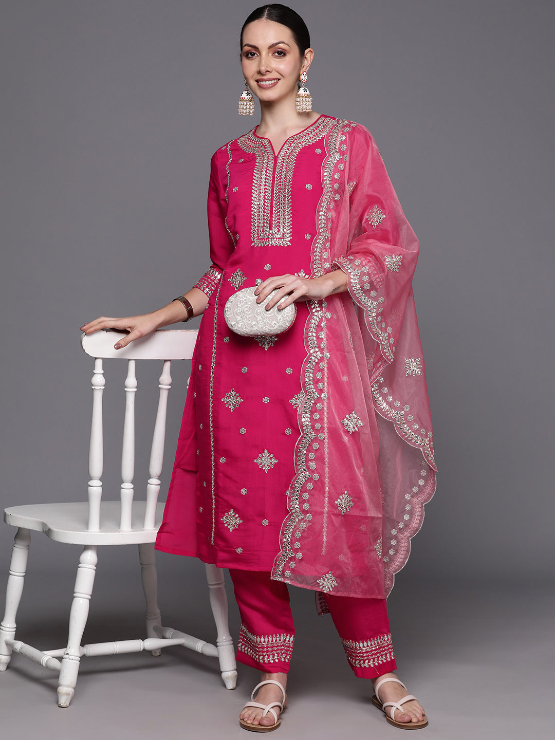 Indo Era Pink Embroidered Straight Kurta Trousers With Dupatta Set - Distacart