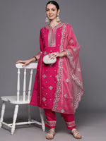 Thumbnail for Indo Era Pink Embroidered Straight Kurta Trousers With Dupatta Set - Distacart