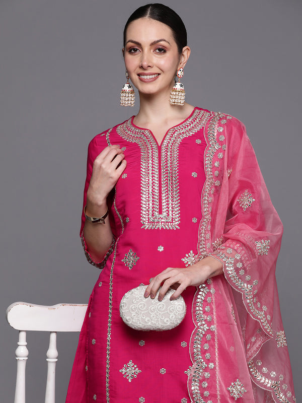 Indo Era Pink Embroidered Straight Kurta Trousers With Dupatta Set - Distacart