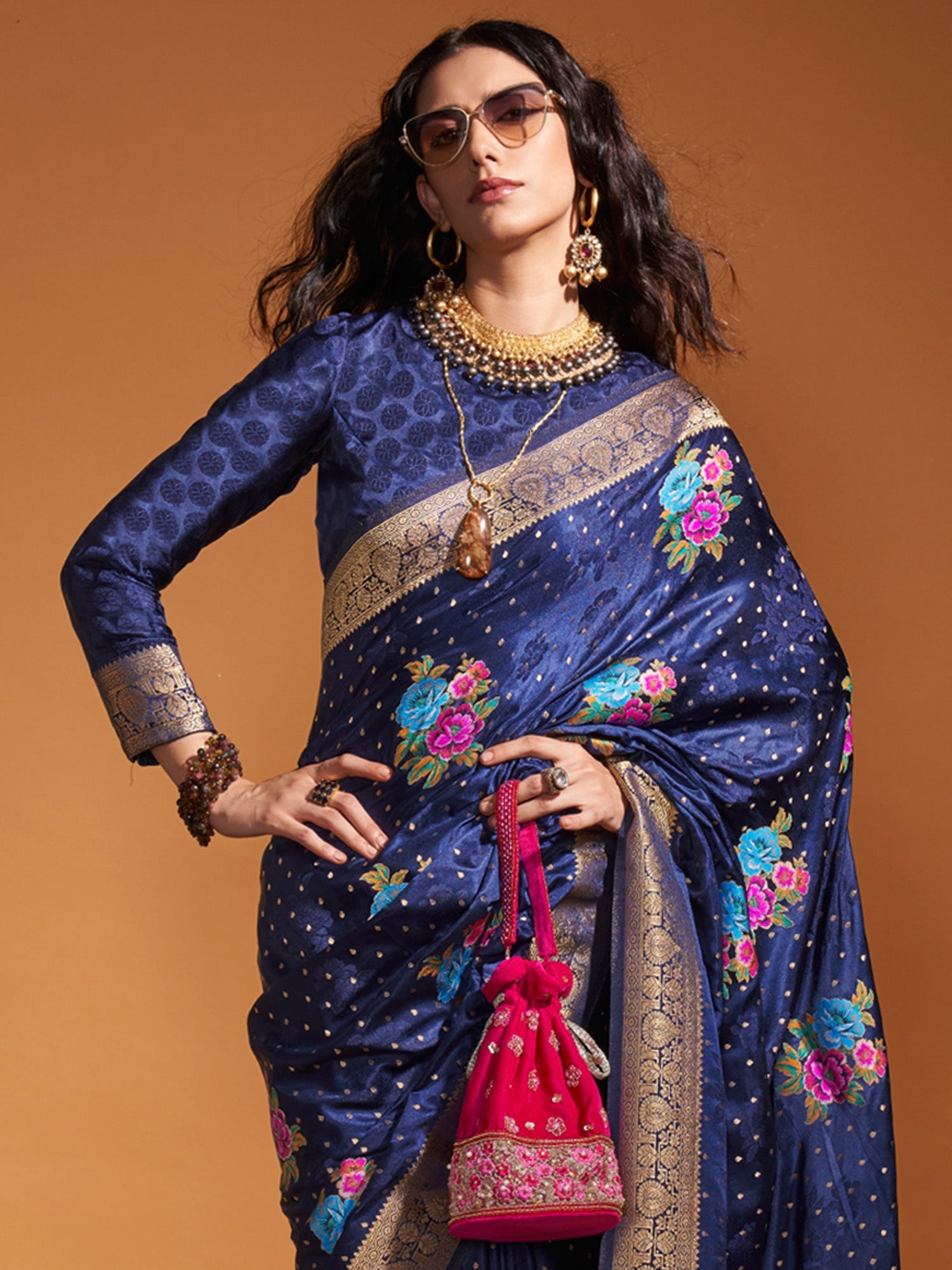 NOZ2TOZ Women's Satin Silk Navy Blue Woven Design Designer Saree With Blouse Piece - Distacart
