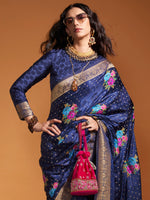 Thumbnail for NOZ2TOZ Women's Satin Silk Navy Blue Woven Design Designer Saree With Blouse Piece - Distacart