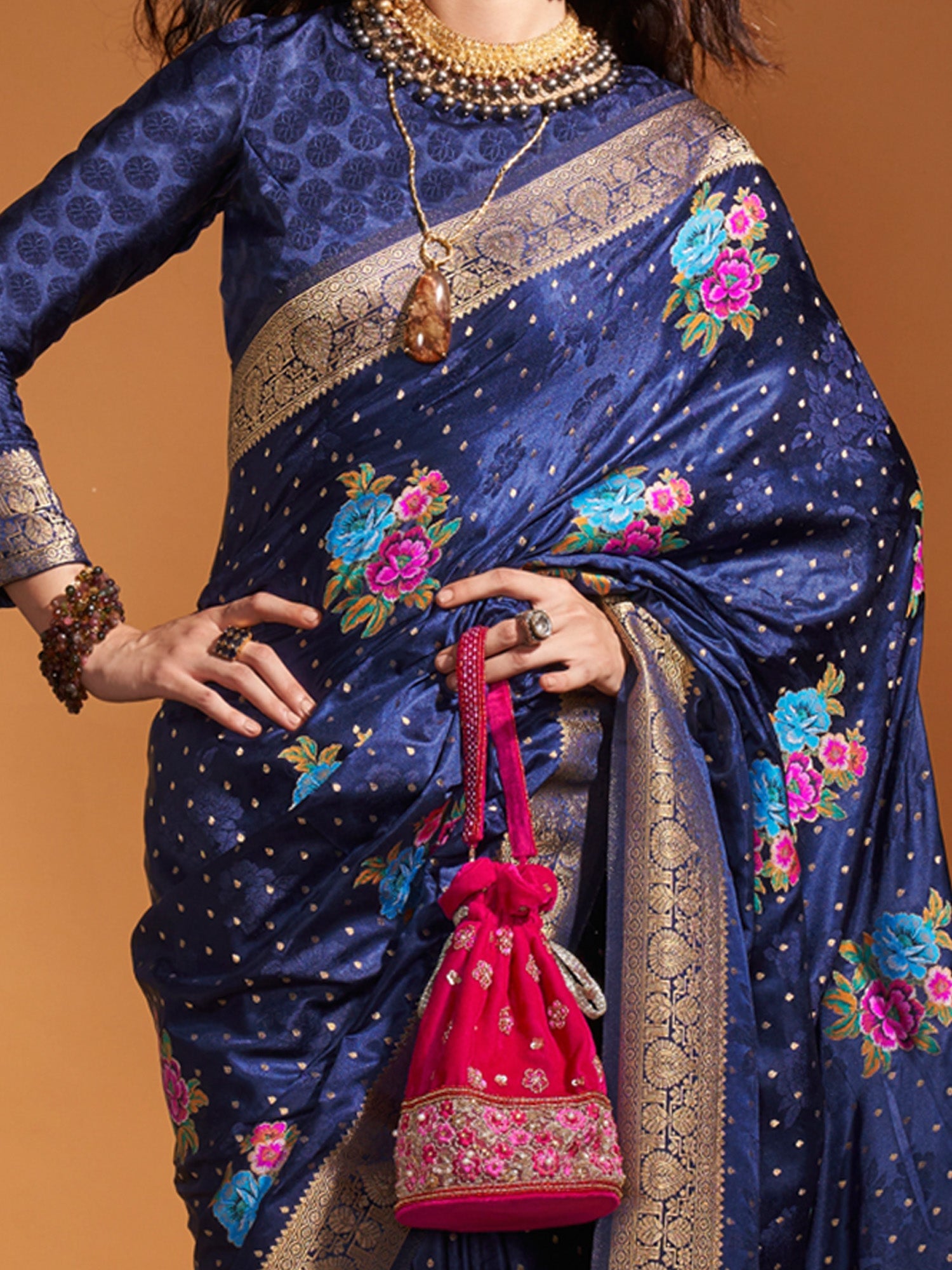 NOZ2TOZ Women's Satin Silk Navy Blue Woven Design Designer Saree With Blouse Piece - Distacart