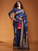 Thumbnail for NOZ2TOZ Women's Satin Silk Navy Blue Woven Design Designer Saree With Blouse Piece - Distacart