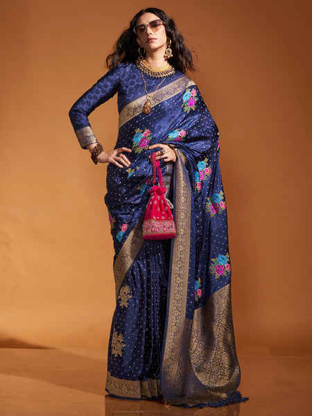 NOZ2TOZ Women's Satin Silk Navy Blue Woven Design Designer Saree With Blouse Piece - Distacart