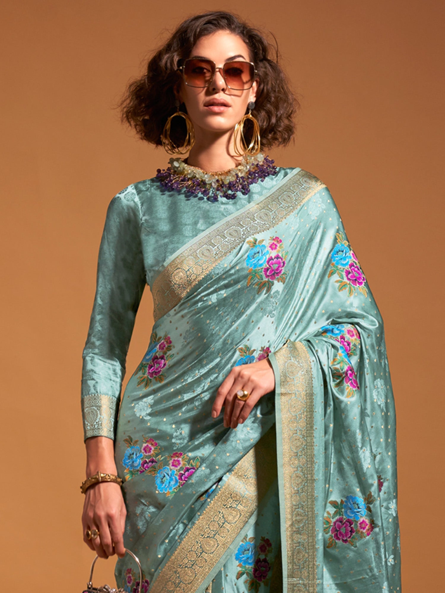 NOZ2TOZ Women's Satin Silk Light Blue Woven Design Designer Saree With Blouse Piece - Distacart
