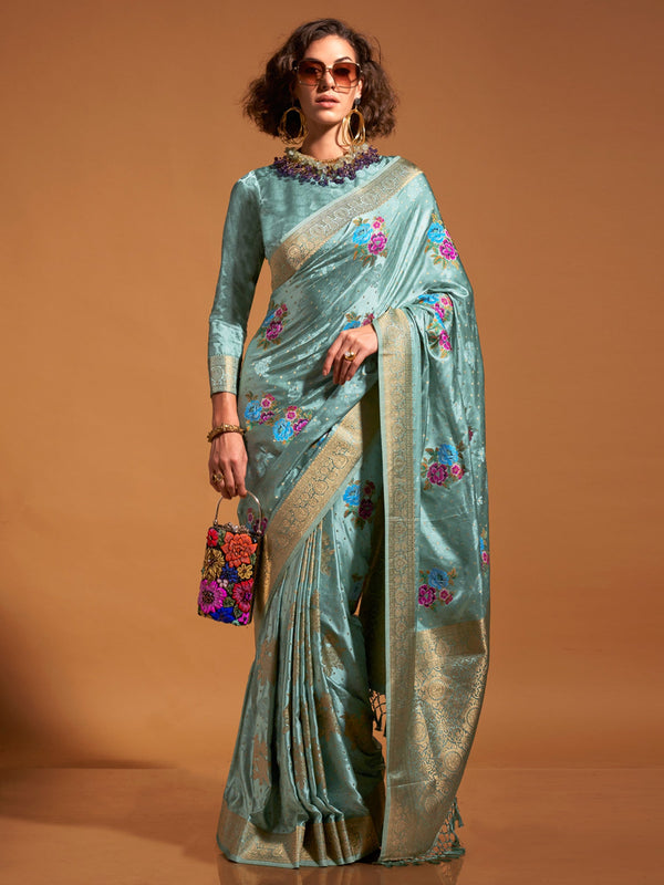 NOZ2TOZ Women's Satin Silk Light Blue Woven Design Designer Saree With Blouse Piece - Distacart