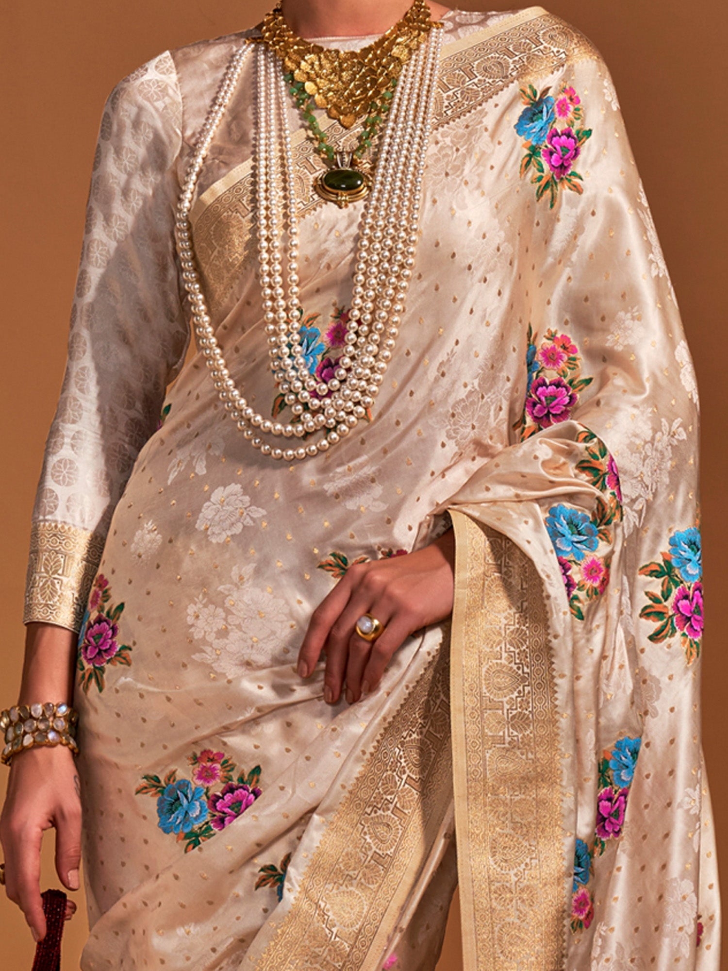 NOZ2TOZ Women's Satin Silk Cream Woven Design Designer Saree With Blouse Piece - Distacart