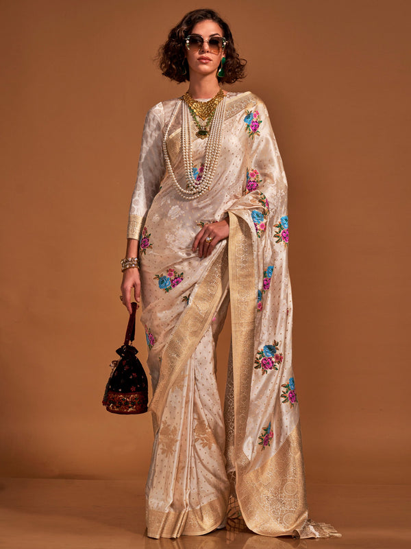 NOZ2TOZ Women's Satin Silk Cream Woven Design Designer Saree With Blouse Piece - Distacart