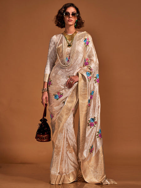 NOZ2TOZ Women's Satin Silk Cream Woven Design Designer Saree With Blouse Piece - Distacart
