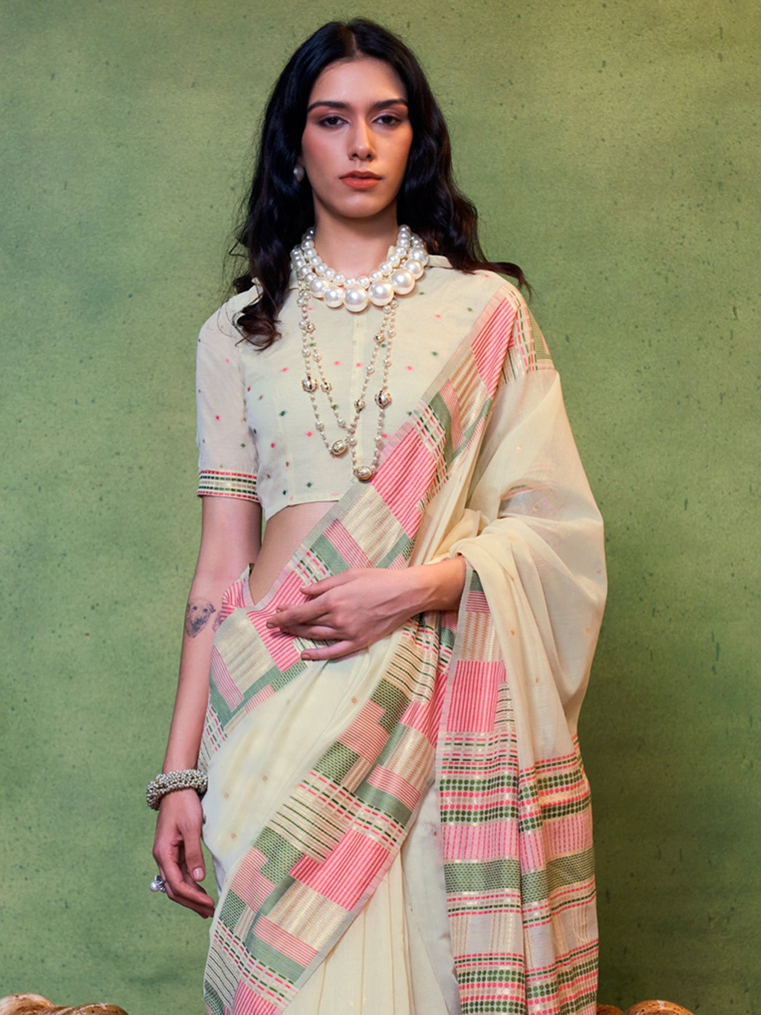 NOZ2TOZ Women's Silk Blend Cream Woven Design Designer Saree With Blouse Piece - Distacart