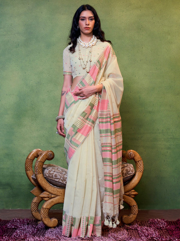 NOZ2TOZ Women's Silk Blend Cream Woven Design Designer Saree With Blouse Piece - Distacart