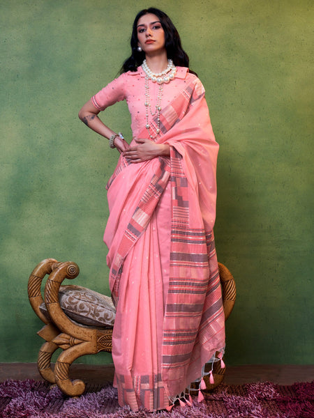 NOZ2TOZ Women's Silk Blend Pink Woven Design Designer Saree With Blouse Piece - Distacart