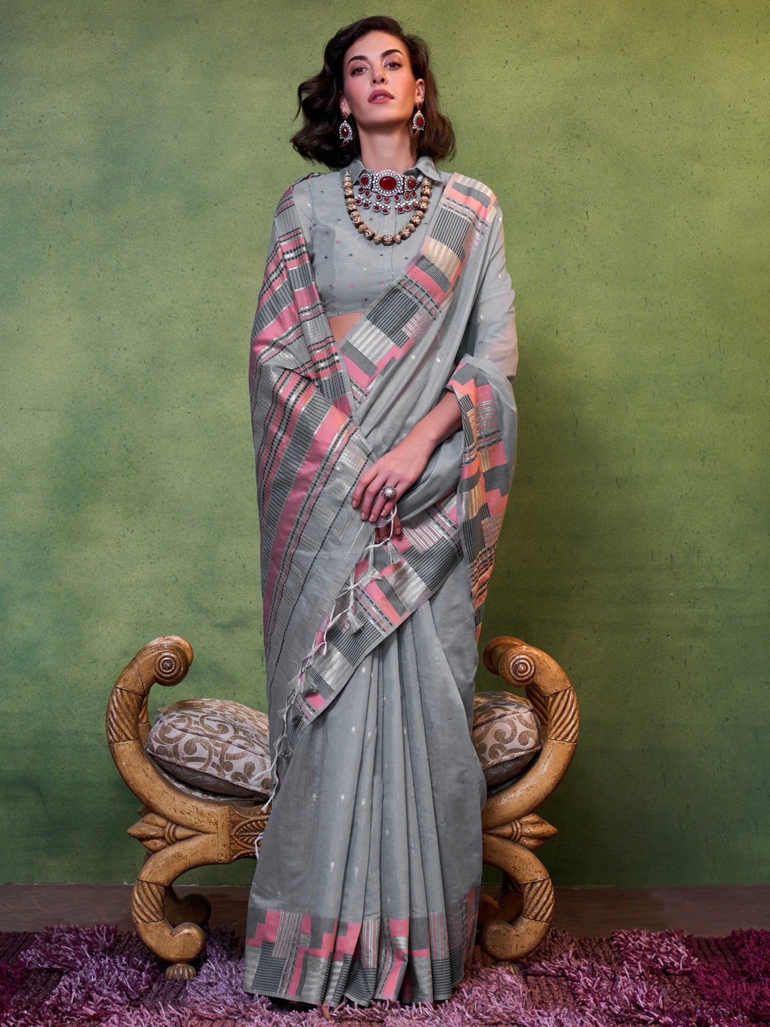 NOZ2TOZ Women's Silk Blend Grey Woven Design Designer Saree With Blouse Piece - Distacart