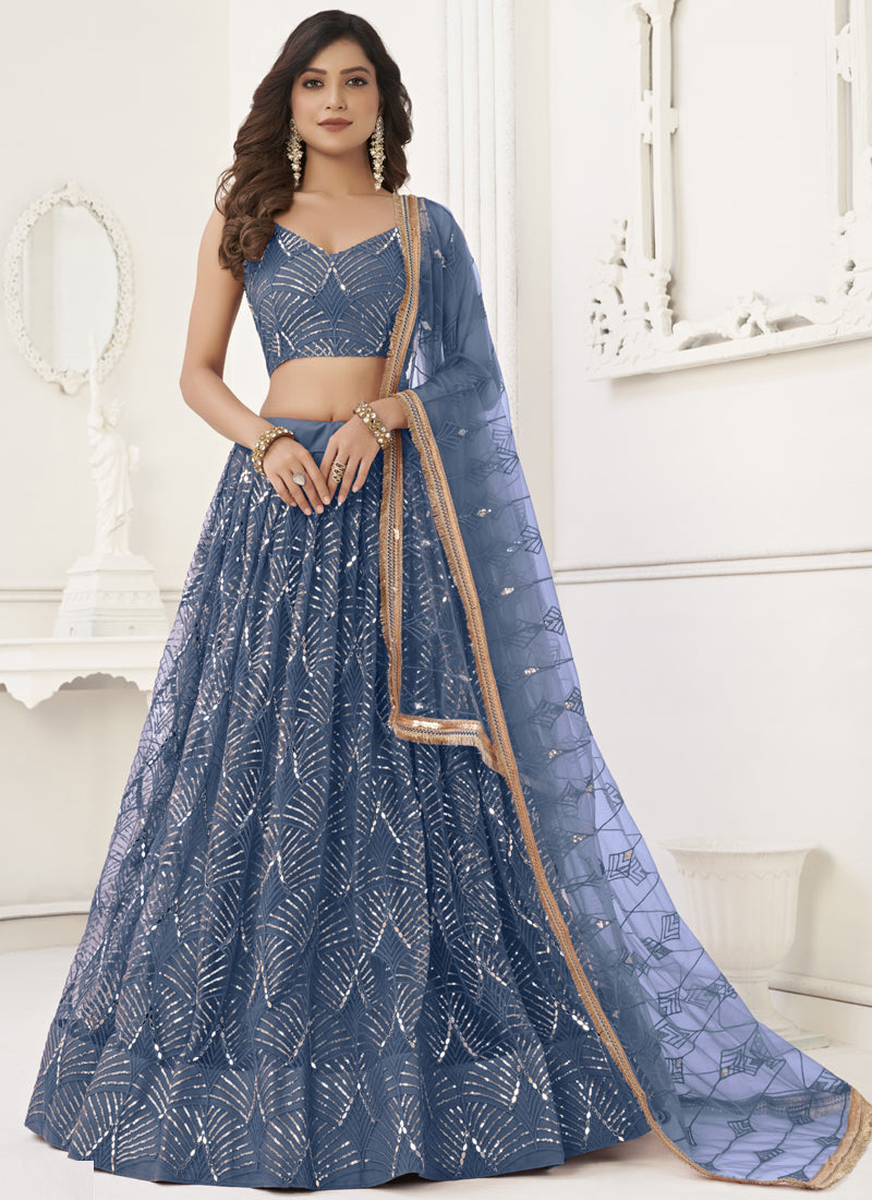 Vegaa Fashion Light Blue Butterfly Net Embroidery Sequins Designer Lehenga - Distacart