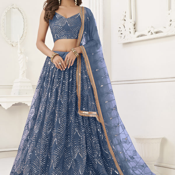 Vegaa Fashion Light Blue Butterfly Net Embroidery Sequins Designer Lehenga - Distacart