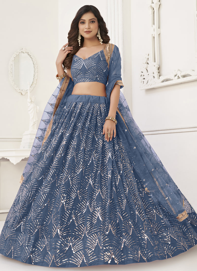 Vegaa Fashion Light Blue Butterfly Net Embroidery Sequins Designer Lehenga - Distacart