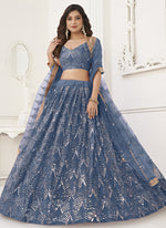 Thumbnail for Vegaa Fashion Light Blue Butterfly Net Embroidery Sequins Designer Lehenga