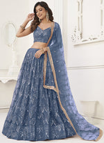 Thumbnail for Vegaa Fashion Light Blue Butterfly Net Embroidery Sequins Designer Lehenga