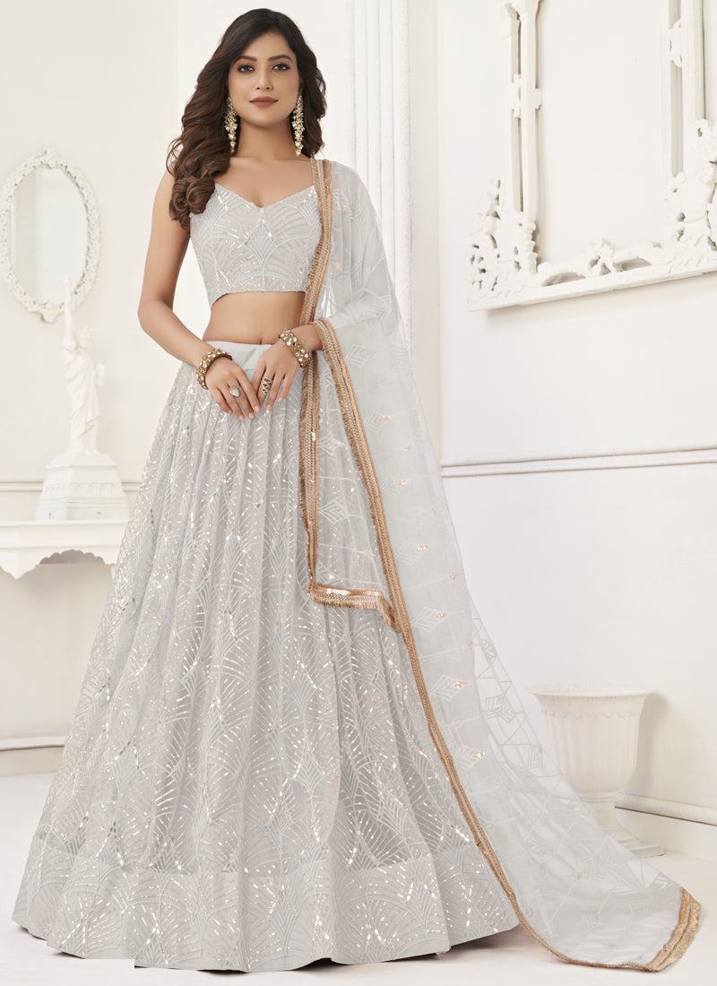 Vegaa Fashion Off White Butterfly Net Embroidery Sequins Designer Lehenga - Distacart