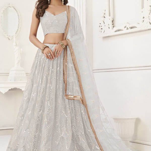 Vegaa Fashion Off White Butterfly Net Embroidery Sequins Designer Lehenga - Distacart
