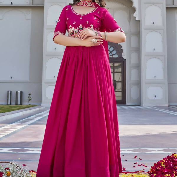 Teeya Creation Womens New Trendy Heavy Cording Sequence & Beads Embroidery Work Pink Gown Set - Dista