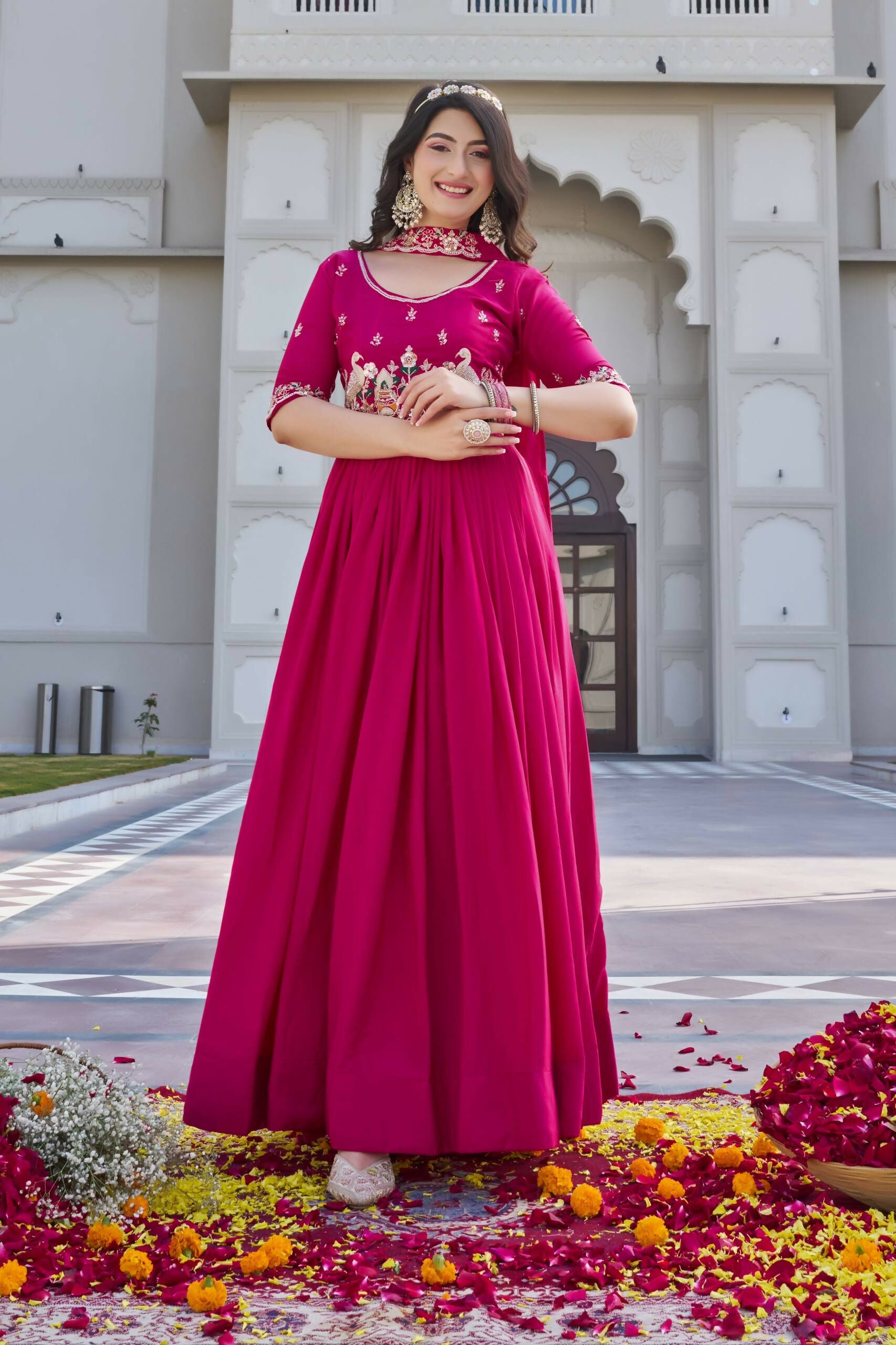 Teeya Creation Womens New Trendy Heavy Cording Sequence & Beads Embroidery Work Pink Gown Set - Dista