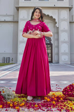 Thumbnail for Teeya Creation Womens New Trendy Heavy Cording Sequence & Beads Embroidery Work Pink Gown Set - Dista