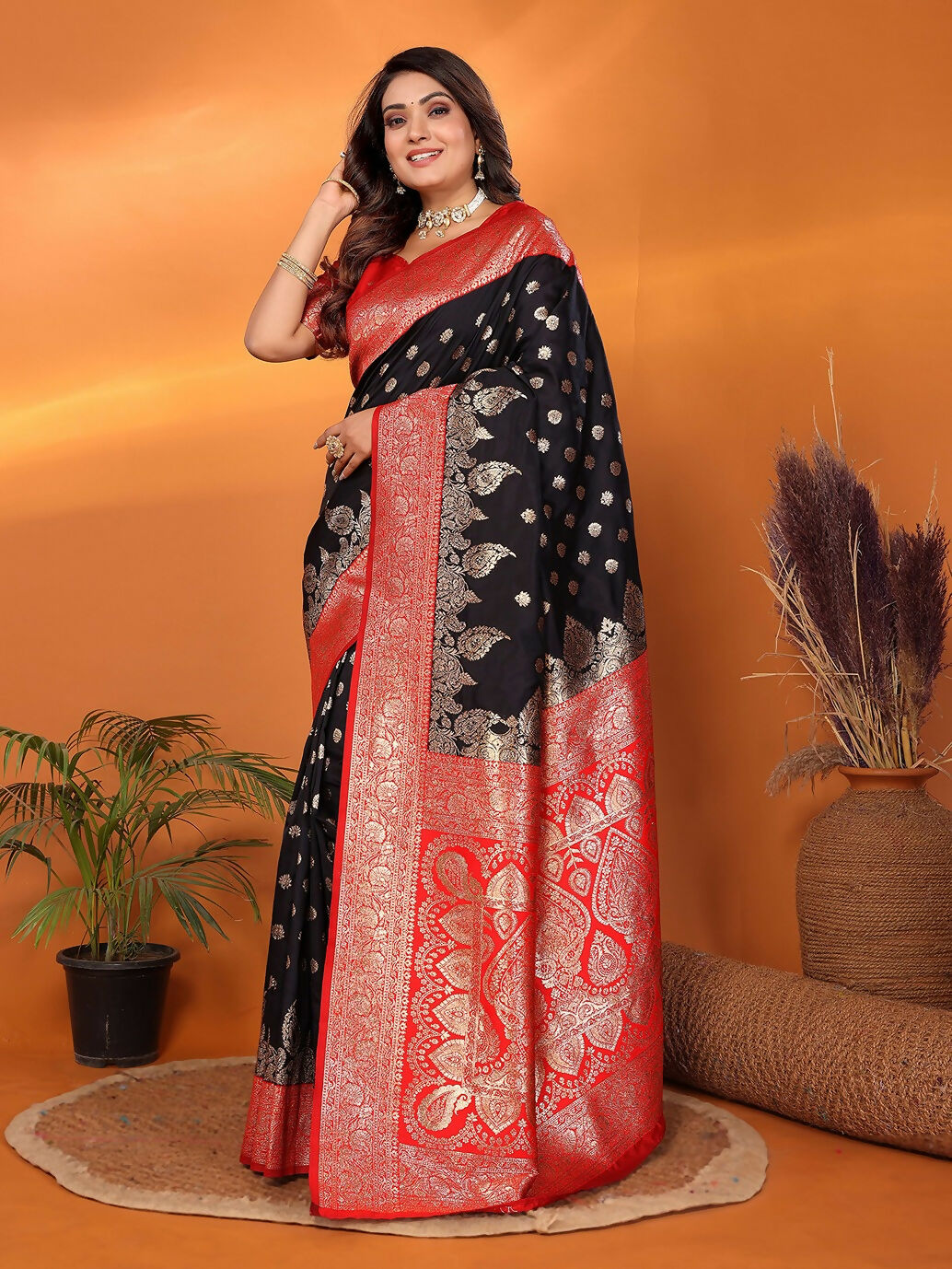 Joban Fashion Banarasi Black Woven Soft Silk Saree