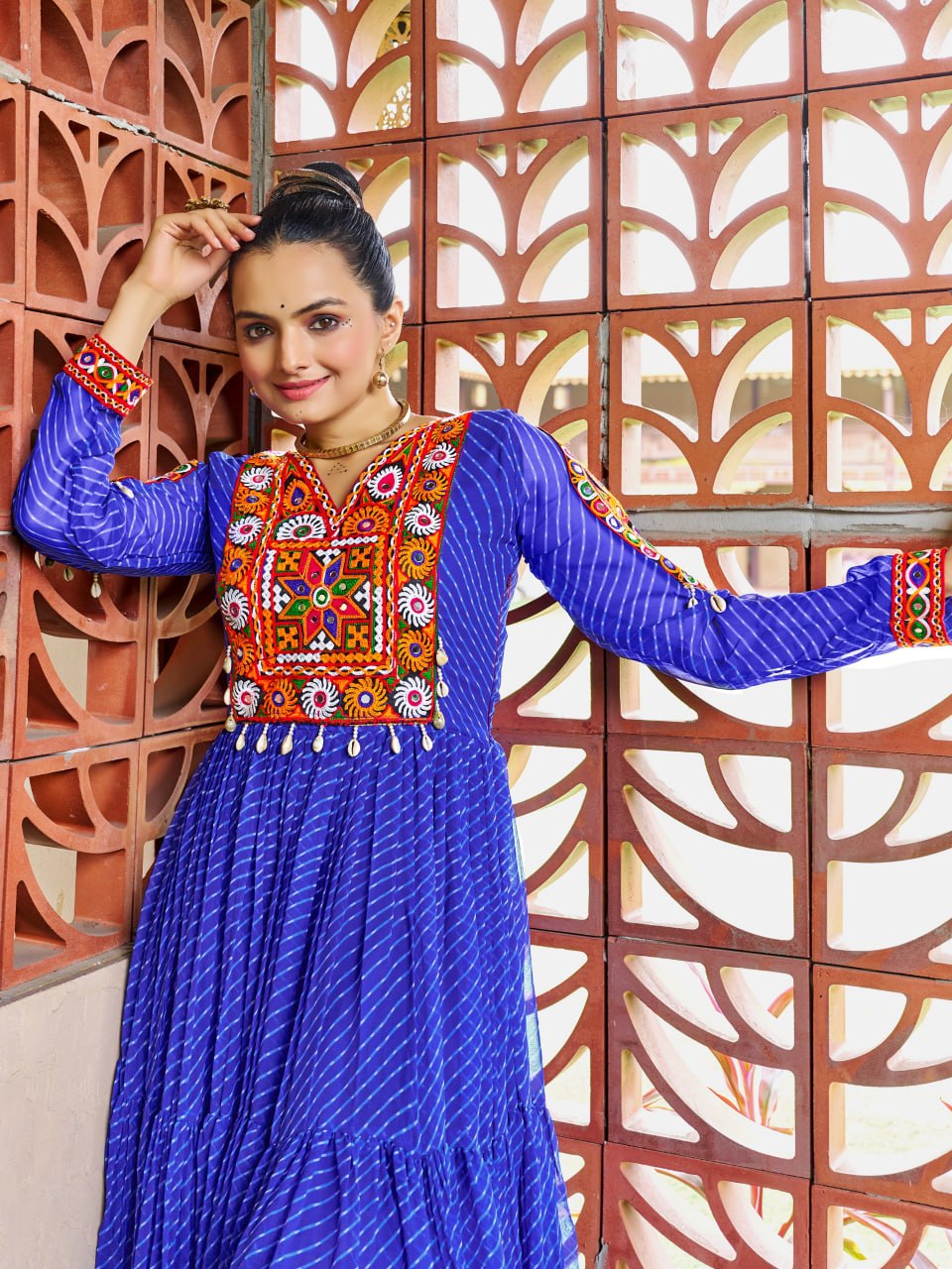 Prazu Fashion Blue Georgette Bandhani Print Work With Kutchi Patch-Work Navaratri Gown - Distacart