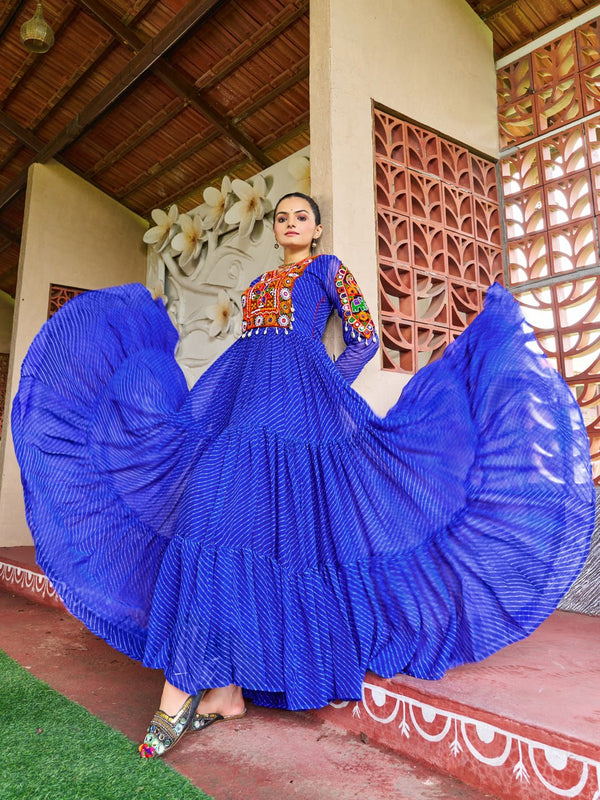 Prazu Fashion Blue Georgette Bandhani Print Work With Kutchi Patch-Work Navaratri Gown