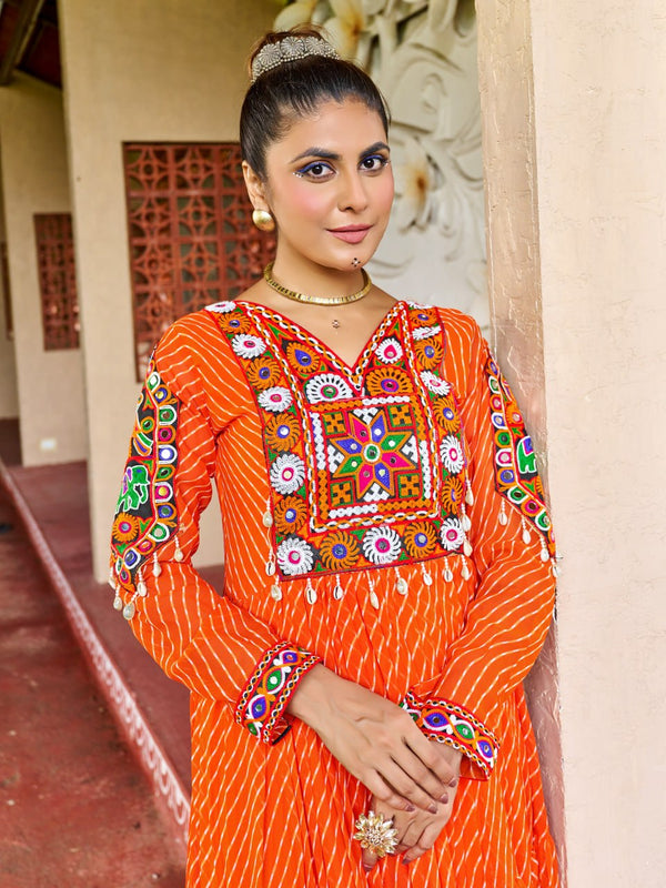 Prazu Fashion Fanta Georgette Bandhani Print Work With Kutchi Patch-Work Navaratri Gown
