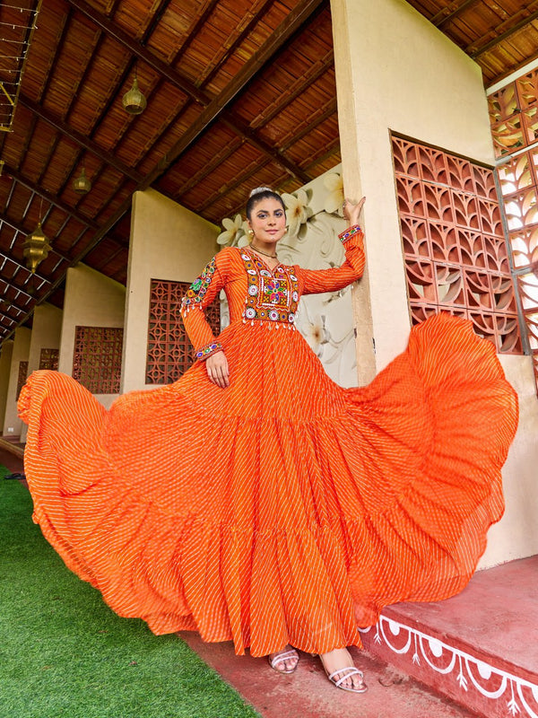 Prazu Fashion Fanta Georgette Bandhani Print Work With Kutchi Patch-Work Navaratri Gown