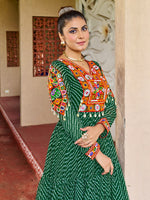 Thumbnail for Prazu Fashion Green Georgette Bandhani Print Work With Kutchi Patch-Work Navaratri Gown
