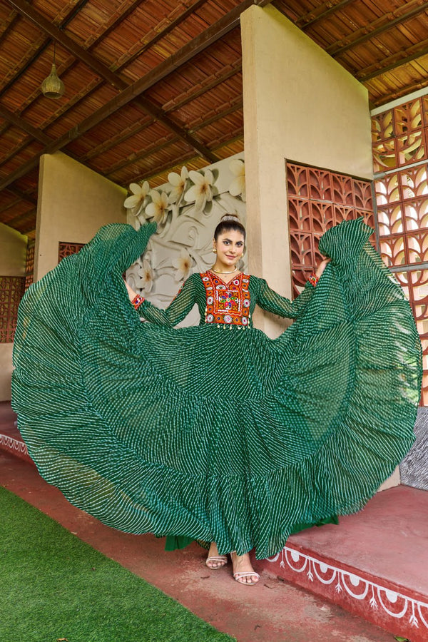 Prazu Fashion Green Georgette Bandhani Print Work With Kutchi Patch-Work Navaratri Gown