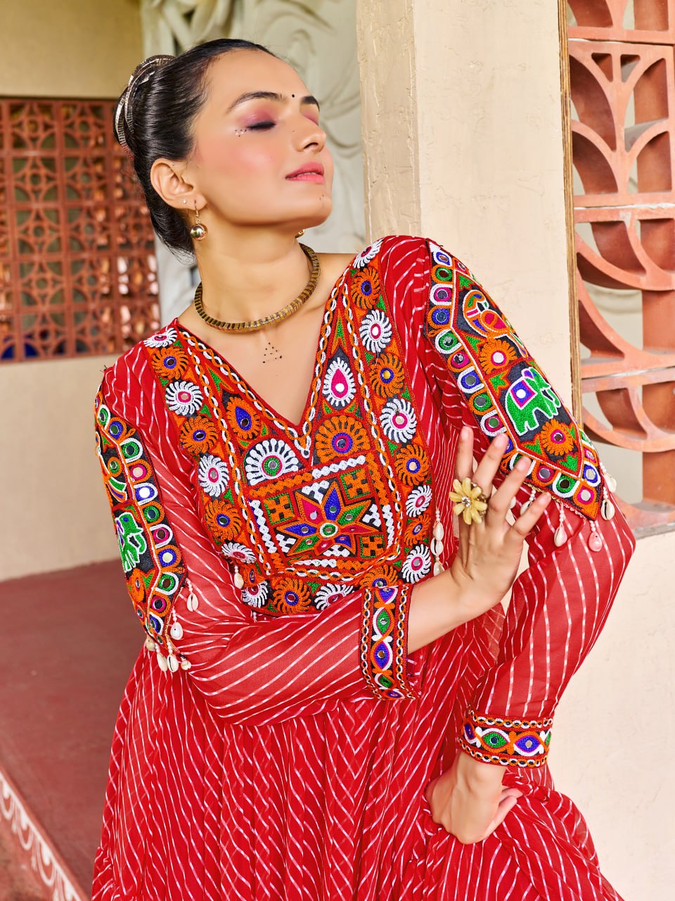 Prazu Fashion Red Georgette Bandhani Print Work With Kutchi Patch-Work Navaratri Gown - Distacart