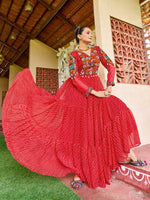 Thumbnail for Prazu Fashion Red Georgette Bandhani Print Work With Kutchi Patch-Work Navaratri Gown