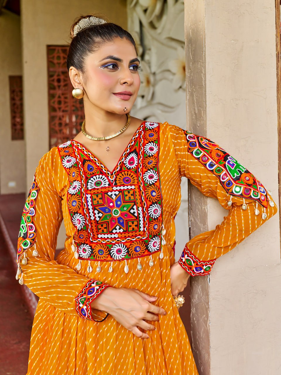 Prazu Fashion Yellow Georgette Bandhani Print Work With Kutchi Patch-Work Navaratri Gown - Distacart