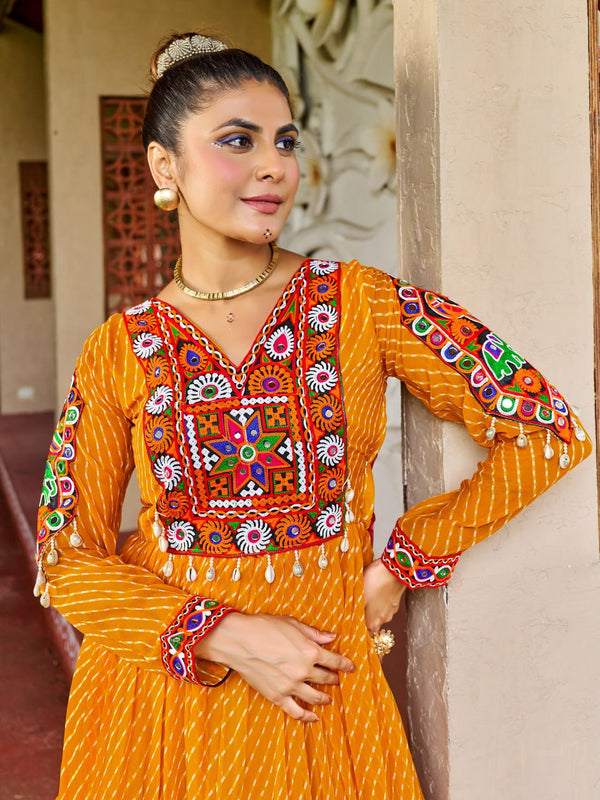 Prazu Fashion Yellow Georgette Bandhani Print Work With Kutchi Patch-Work Navaratri Gown