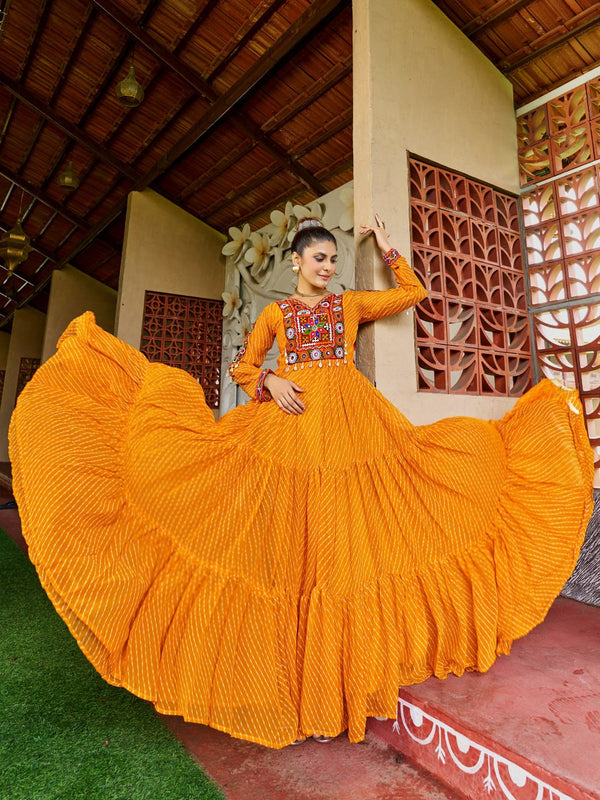 Prazu Fashion Yellow Georgette Bandhani Print Work With Kutchi Patch-Work Navaratri Gown