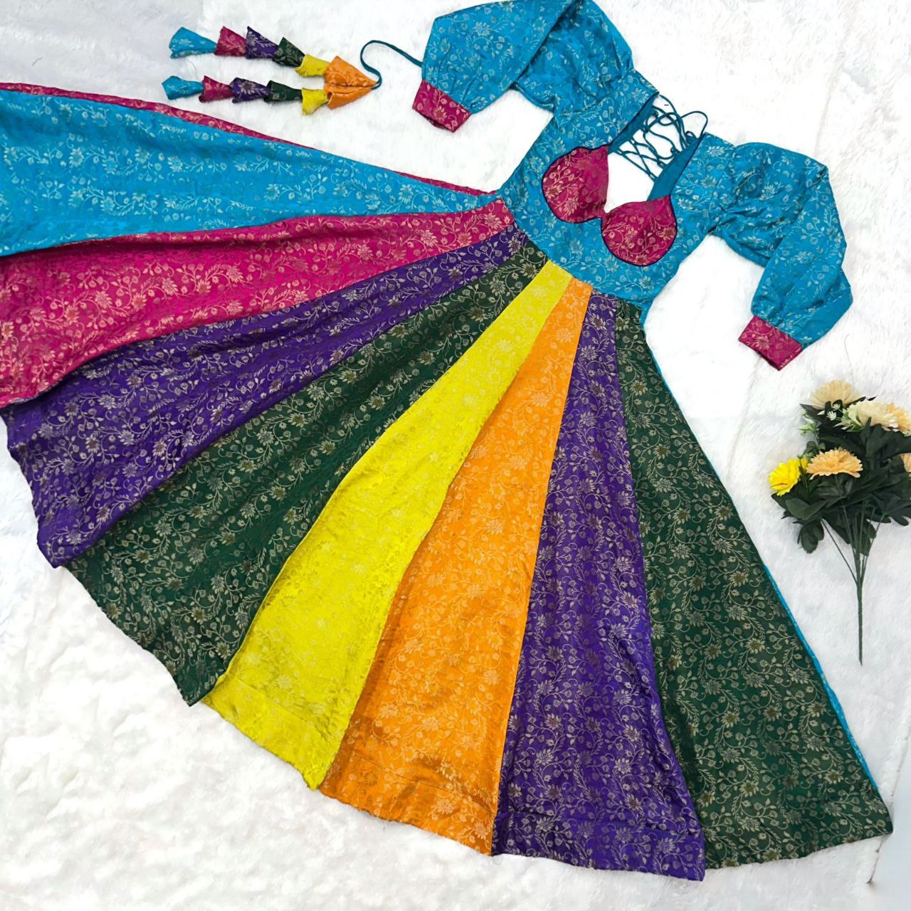 Prazu Fashion Multi Color Gold-Toned Viscose Weaving Navaratri Gown