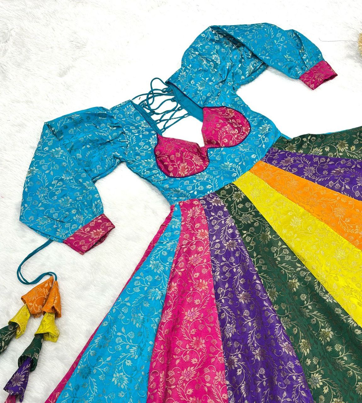 Prazu Fashion Multi Color Gold-Toned Viscose Weaving Navaratri Gown