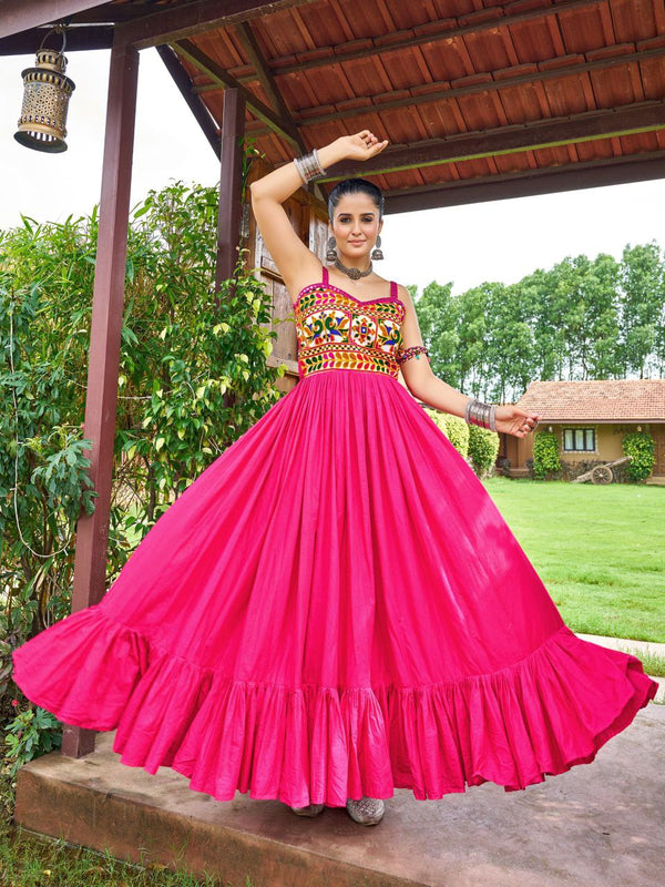 Prazu Fashion Pink Soft Cotton With Gaamathi-Mirror Work Navaratri Gown