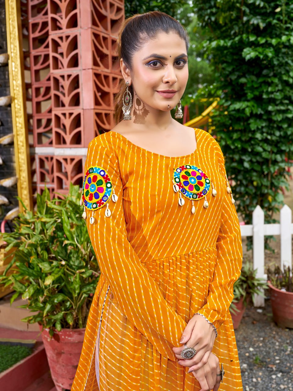 Prazu Fashion Yellow Georgette Bandhani Print Work With Kutchi Patch-Work Navaratri Kurti