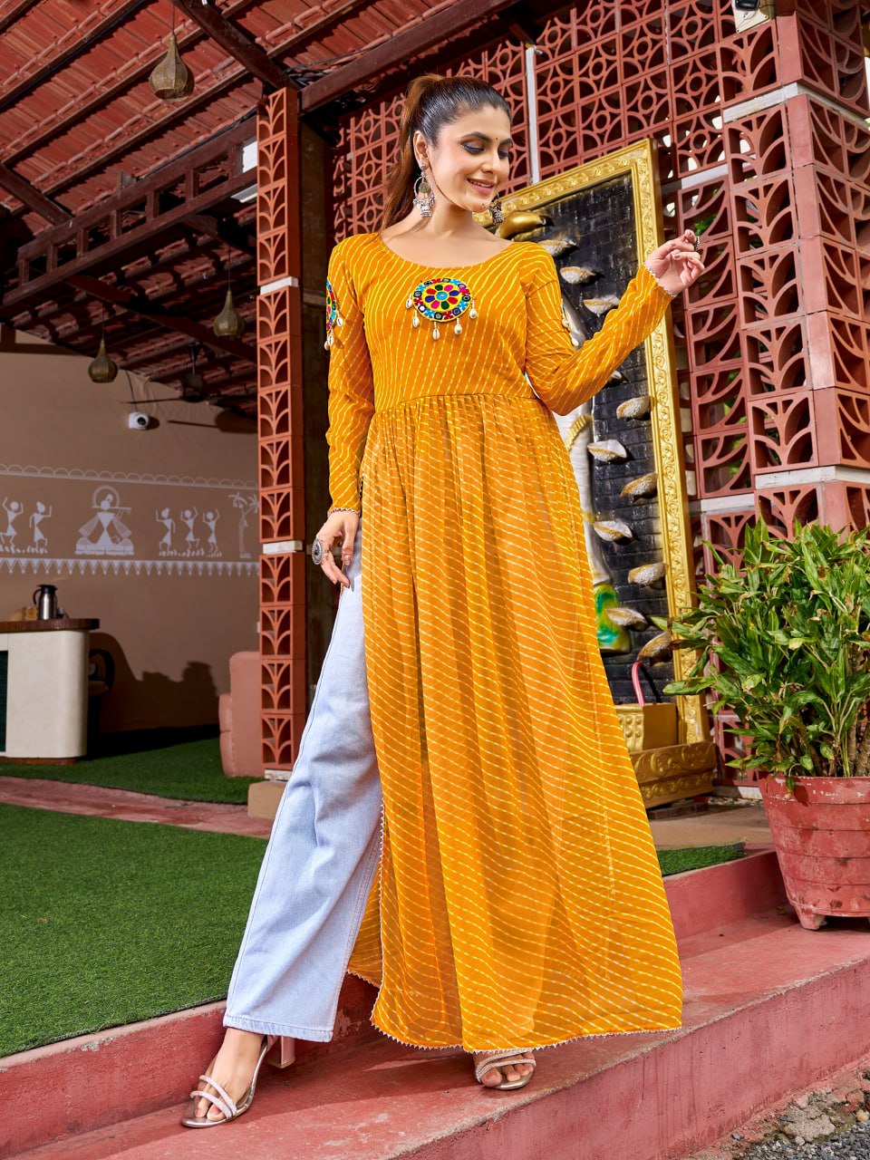 Prazu Fashion Yellow Georgette Bandhani Print Work With Kutchi Patch-Work Navaratri Kurti